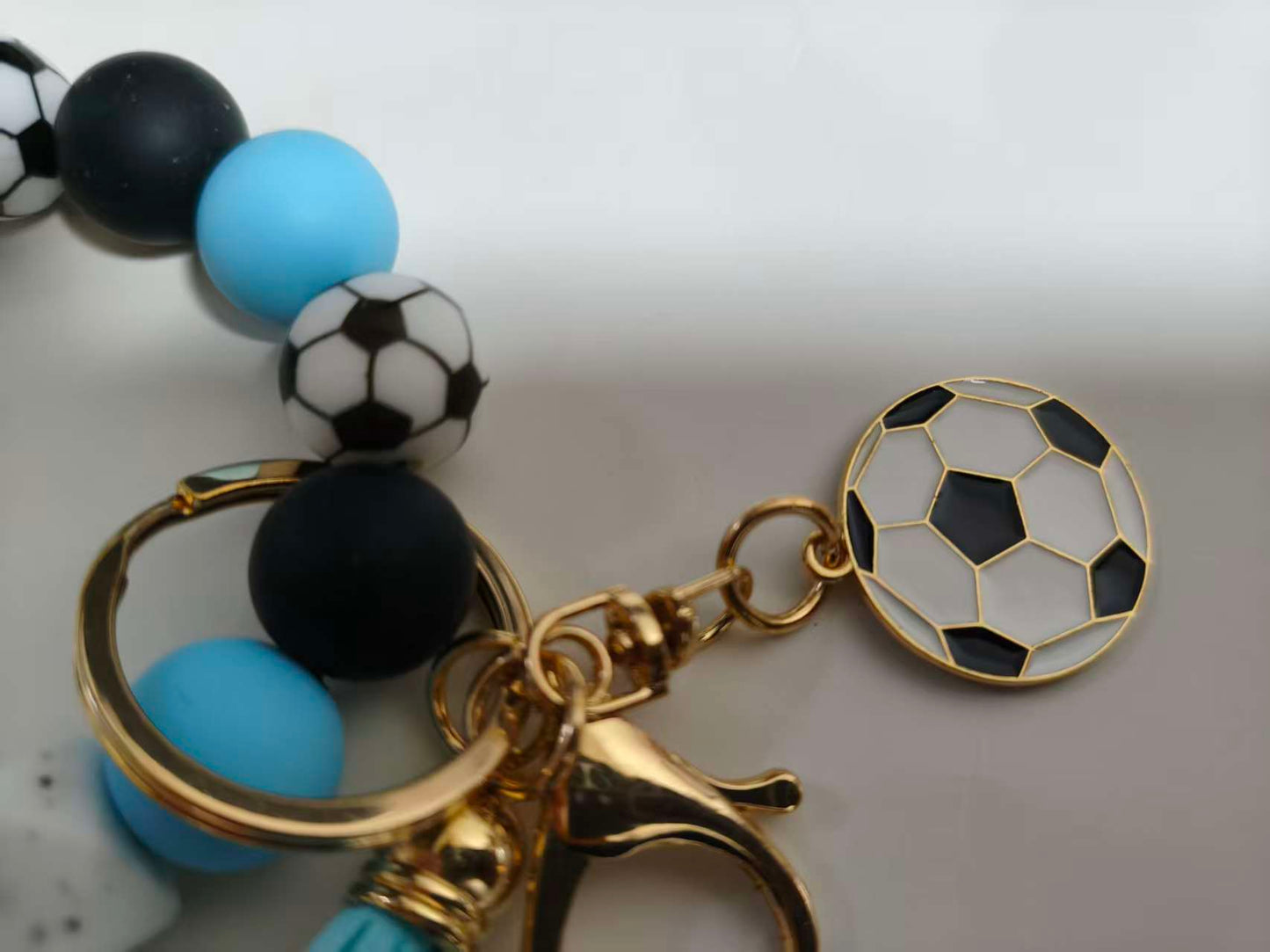 Soccer Beaded Keychain Bracelet Sports Fan Wristlet with Tassel for Bag Decor
