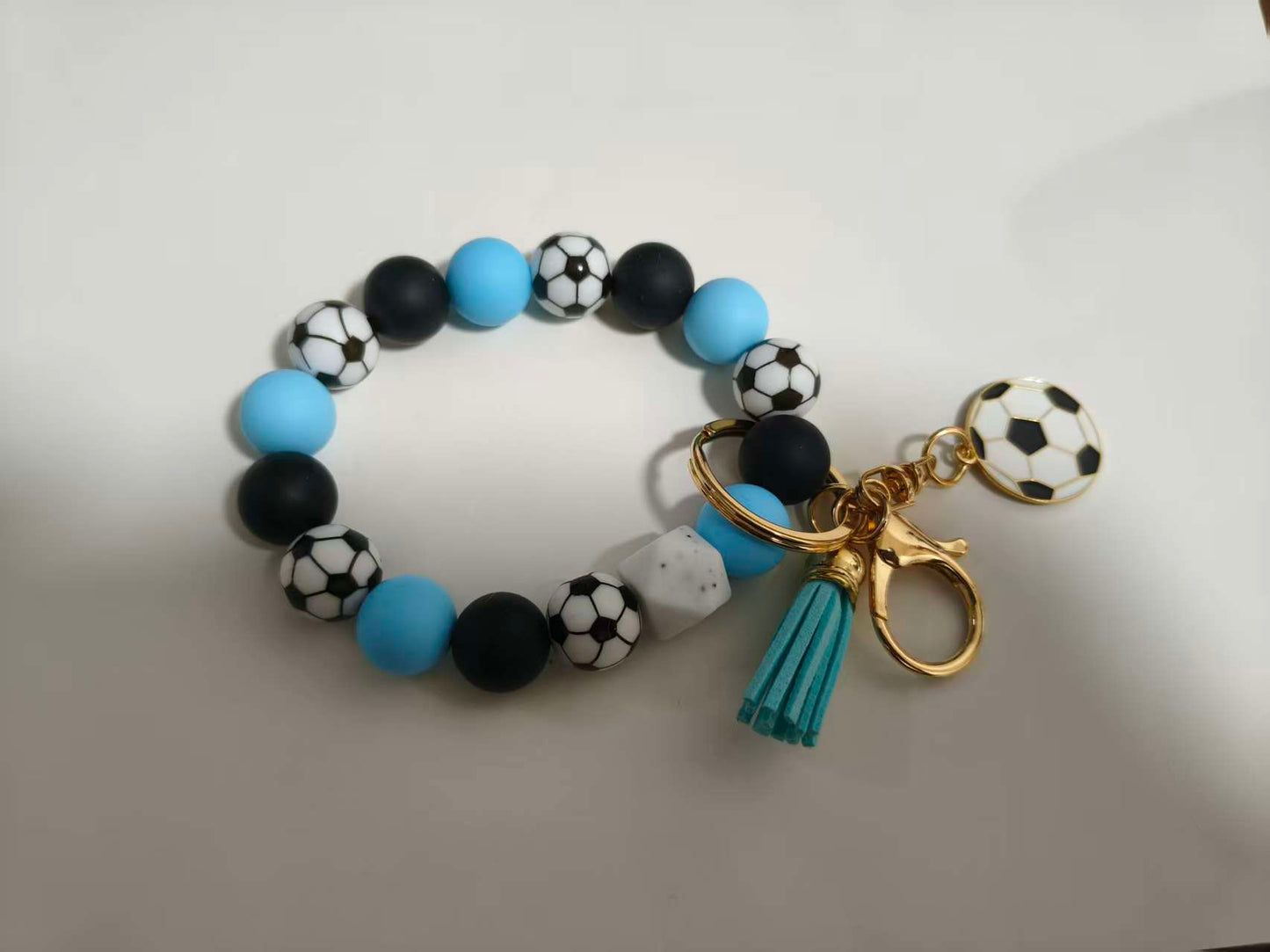 Soccer Beaded Keychain Bracelet Sports Fan Wristlet with Tassel for Bag Decor