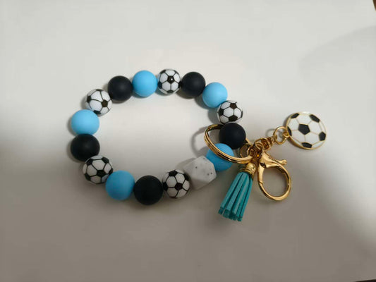 Soccer Beaded Keychain Bracelet Sports Fan Wristlet with Tassel for Bag Decor