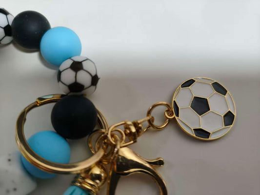 Soccer Beaded Keychain Bracelet Sports Fan Wristlet with Tassel for Bag Decor